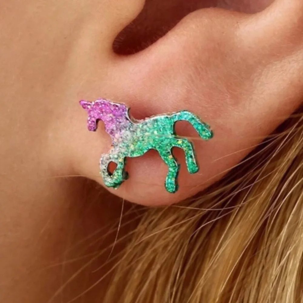 Unicorn Ombré Glitter Festival Sparkle Pierced Stud Earrings NIBag